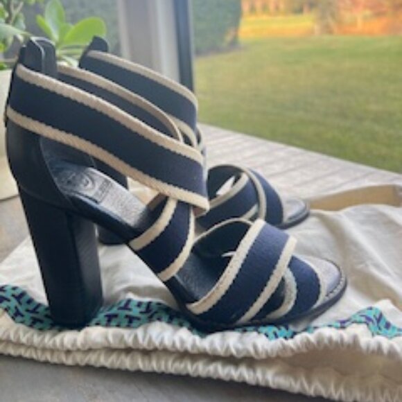 Tory Burch Laurie Criss Cross Elastic High Heel Sandal Navy Blue Size 7 - Picture 8 of 9